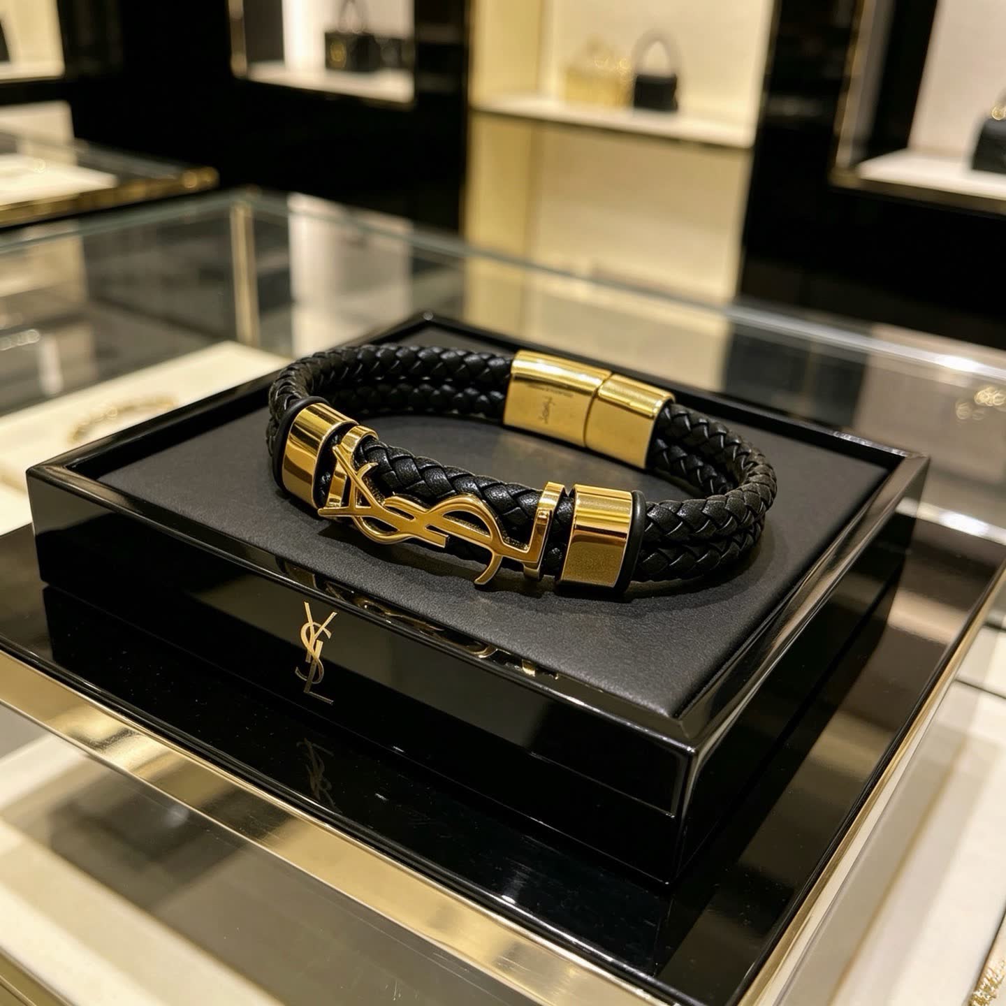 YSL Saint Laurent Black Leather & Gold Bracelet