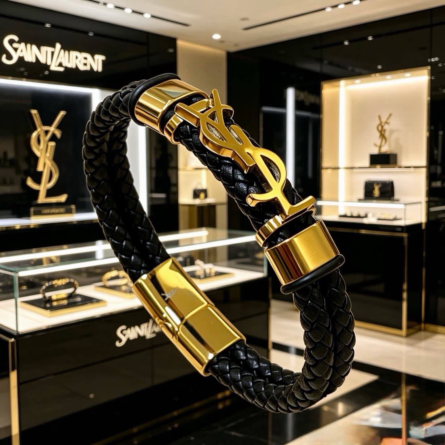 YSL Saint Laurent Black Leather & Gold Bracelet