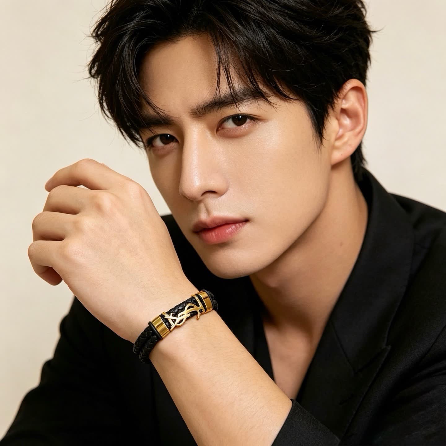 YSL Saint Laurent Black Leather & Gold Bracelet