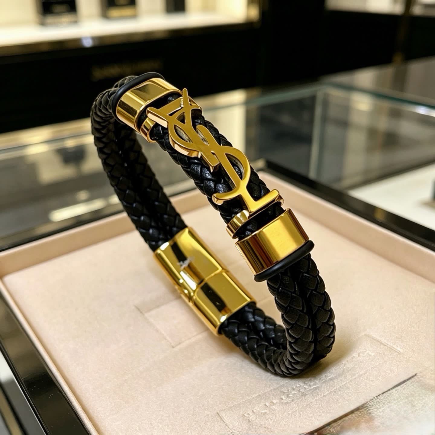 YSL Saint Laurent Black Leather & Gold Bracelet