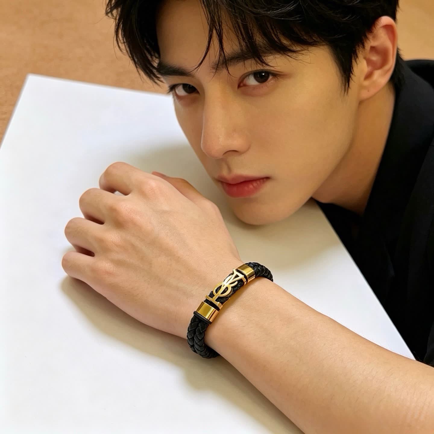 YSL Saint Laurent Black Leather & Gold Bracelet