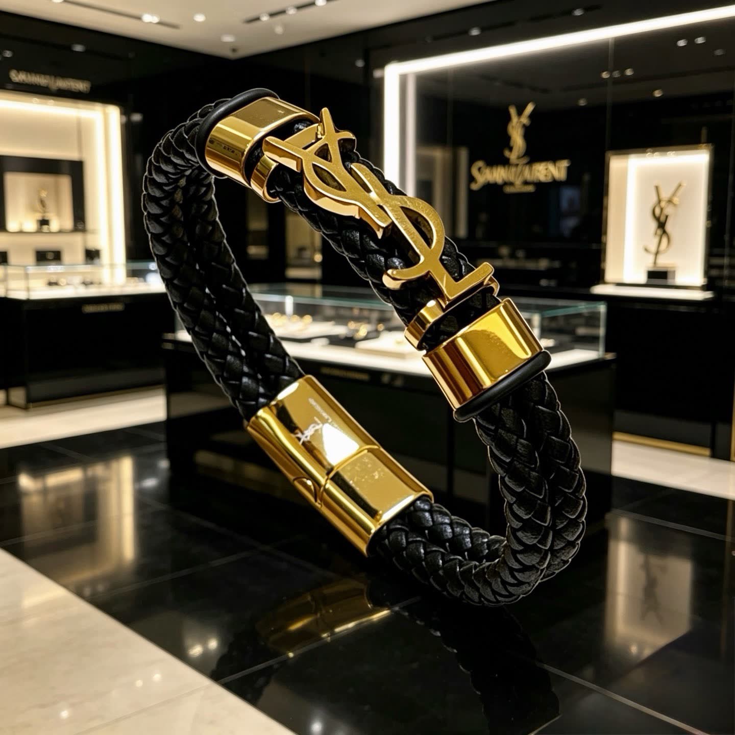 YSL Saint Laurent Black Leather & Gold Bracelet