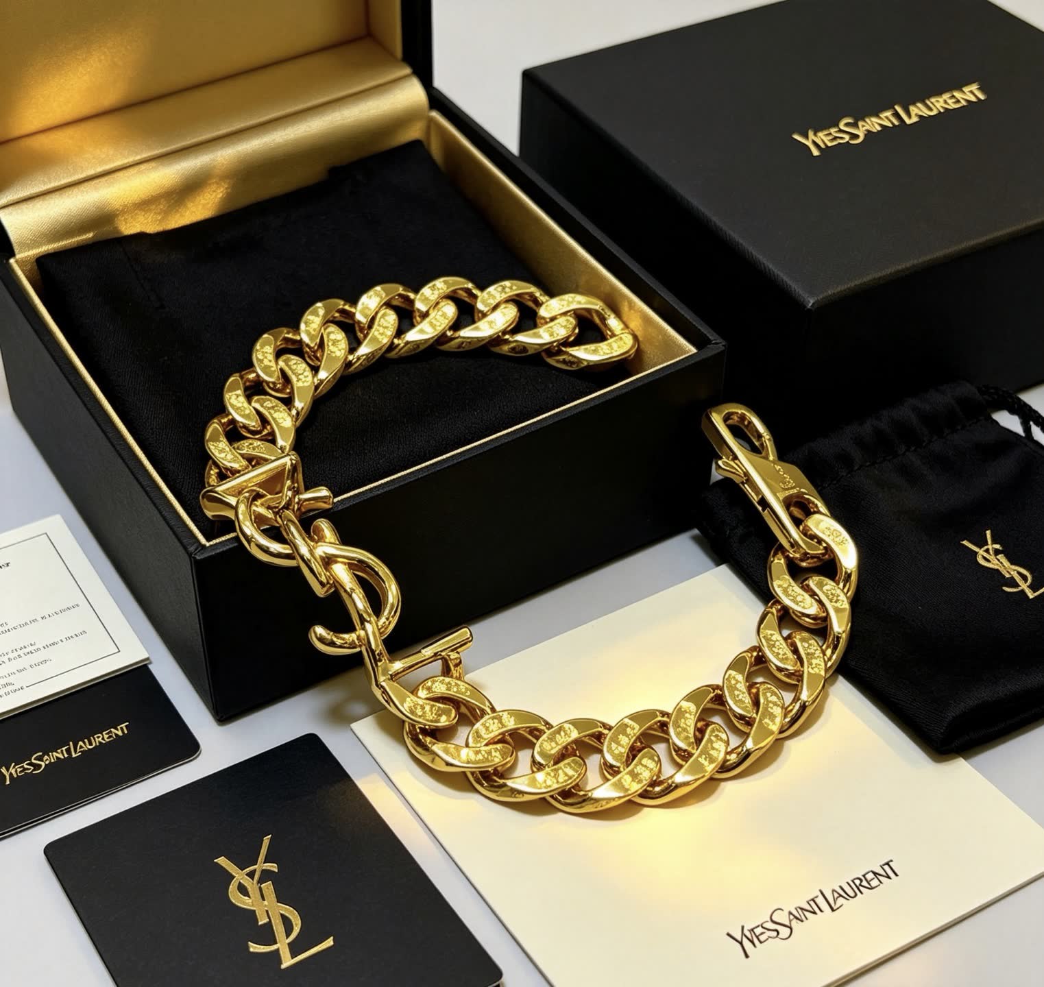 YSL Saint Laurent Gold Tone Chain Bracelet