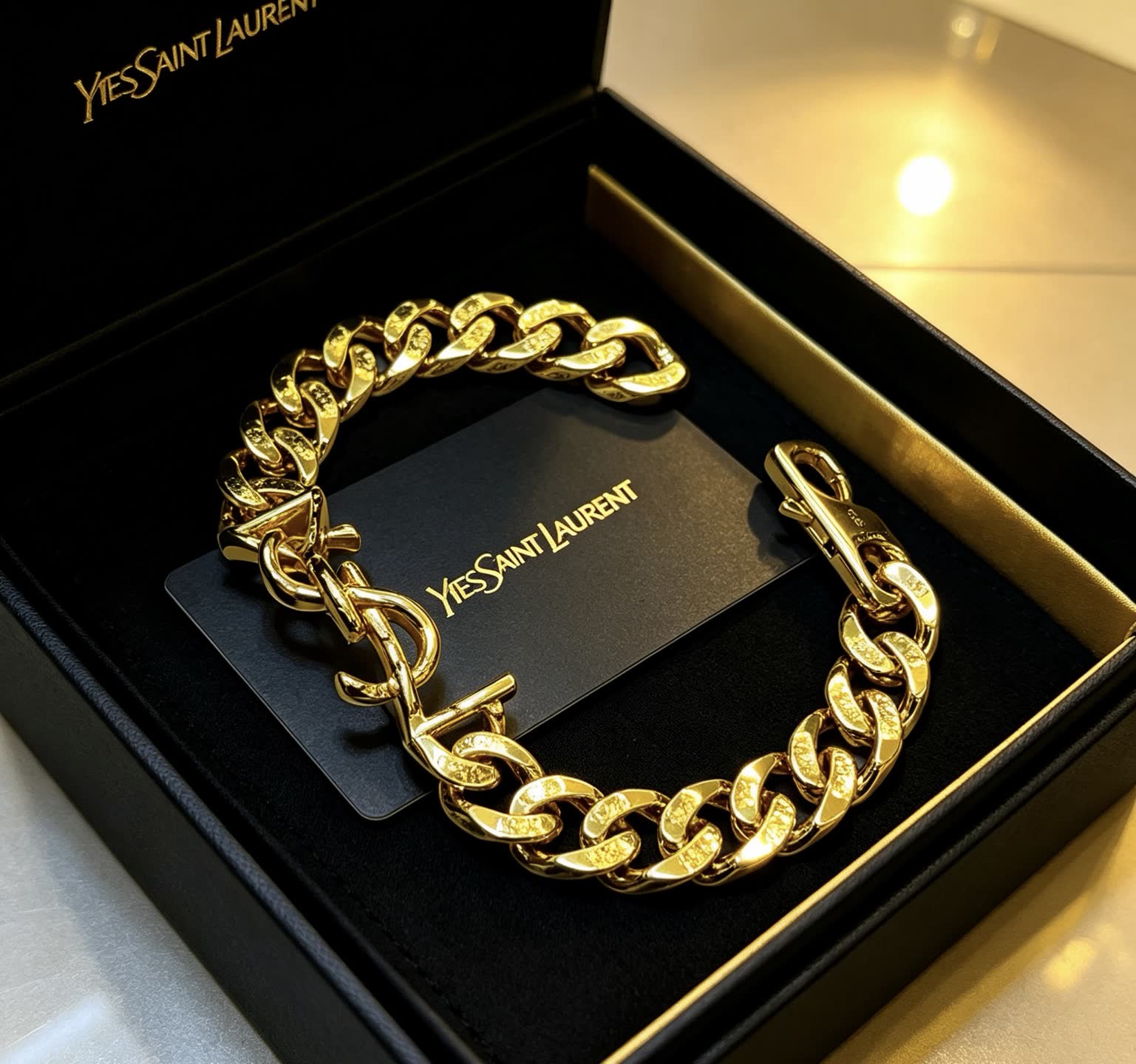 YSL Saint Laurent Gold Tone Chain Bracelet