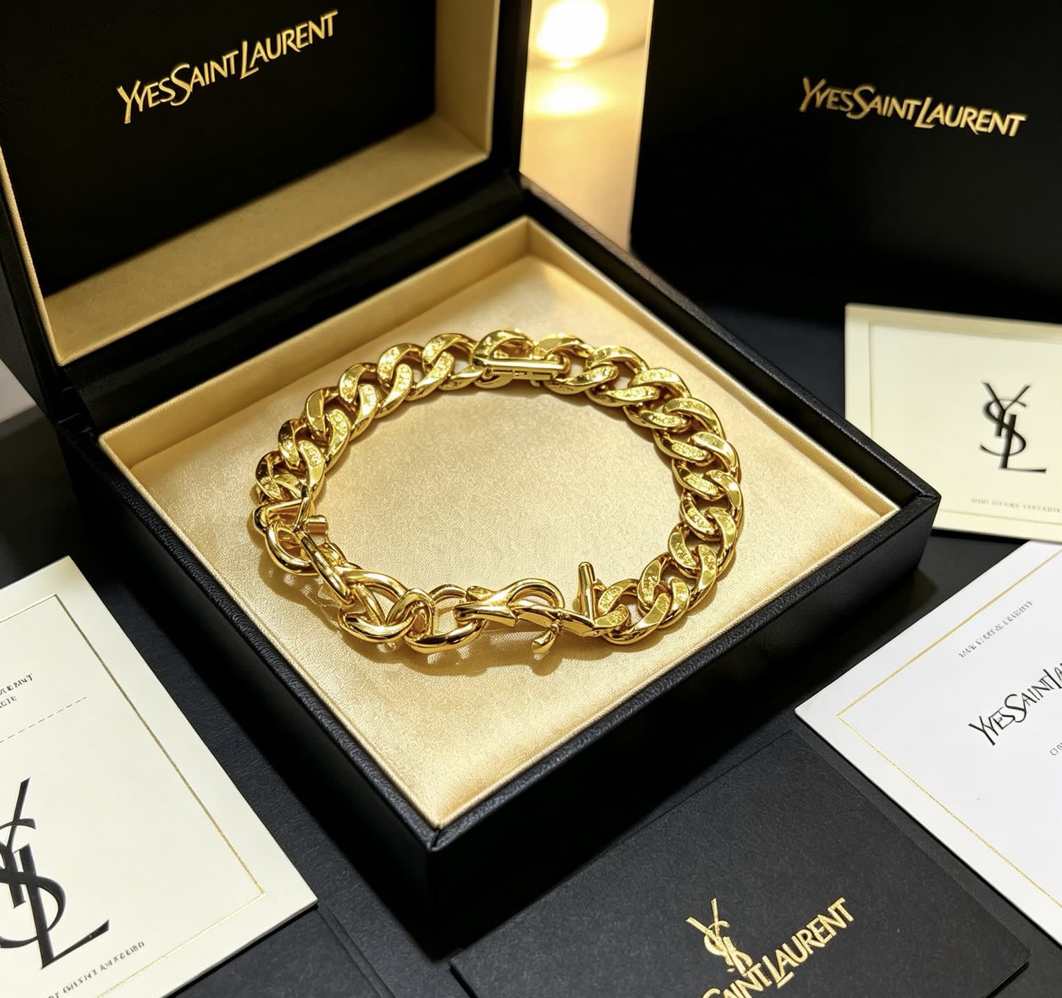 YSL Saint Laurent Gold Tone Chain Bracelet