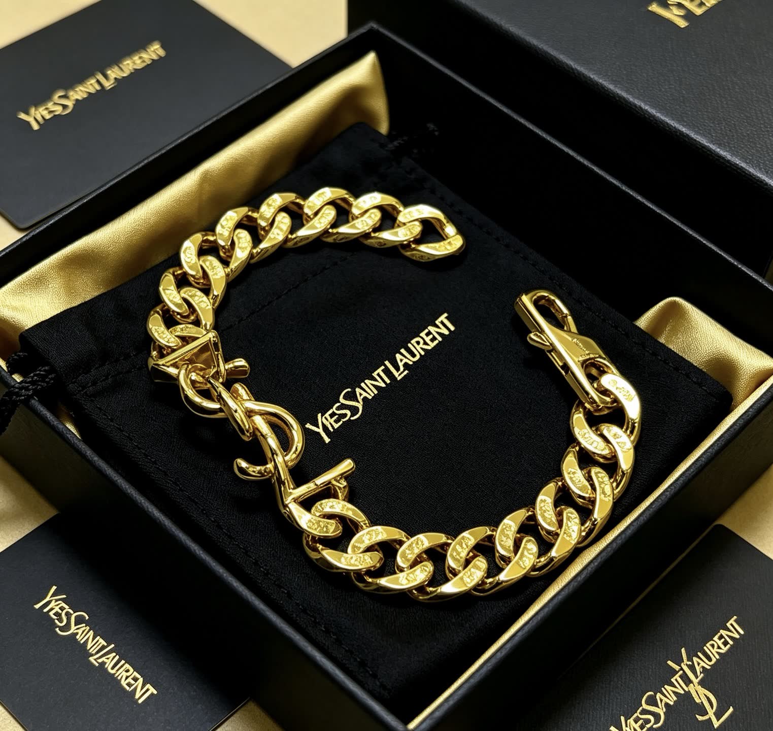 YSL Saint Laurent Gold Tone Chain Bracelet