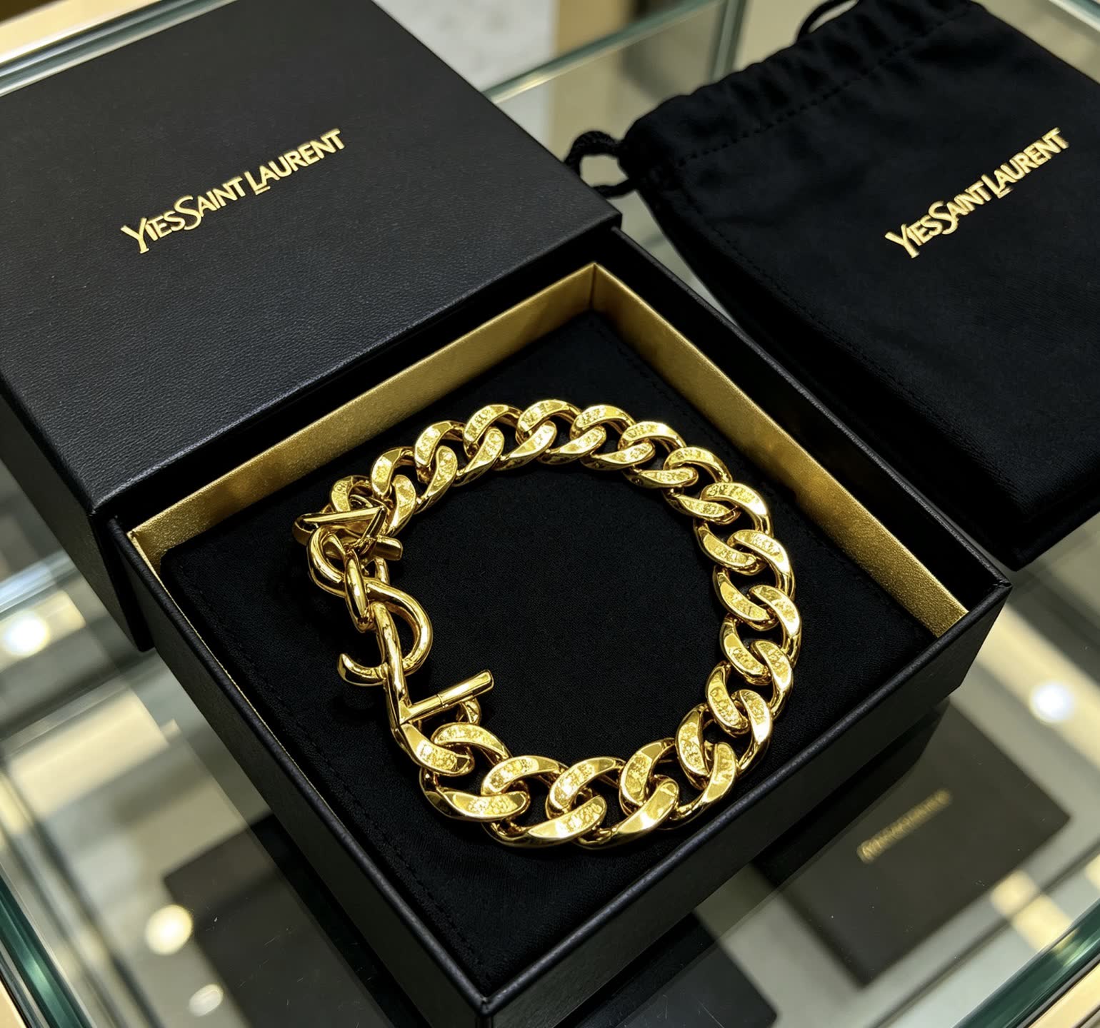 YSL Saint Laurent Gold Tone Chain Bracelet