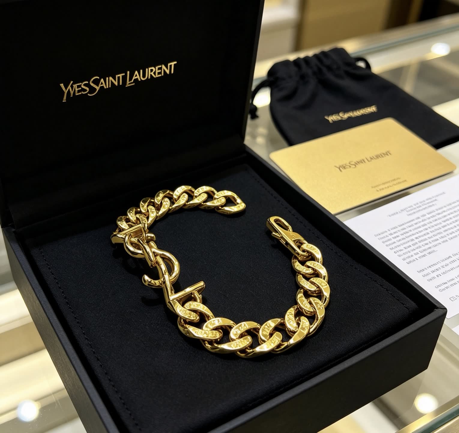 YSL Saint Laurent Gold Tone Chain Bracelet