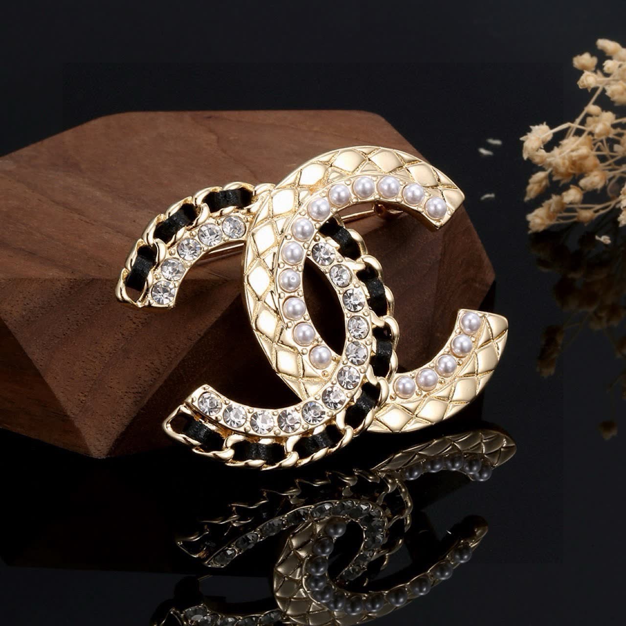 Chanel CC Logo Brooch with Pearls and Crystals