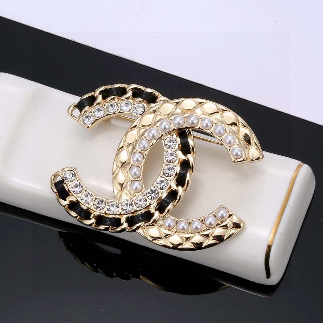 Chanel CC Logo Brooch with Pearls and Crystals