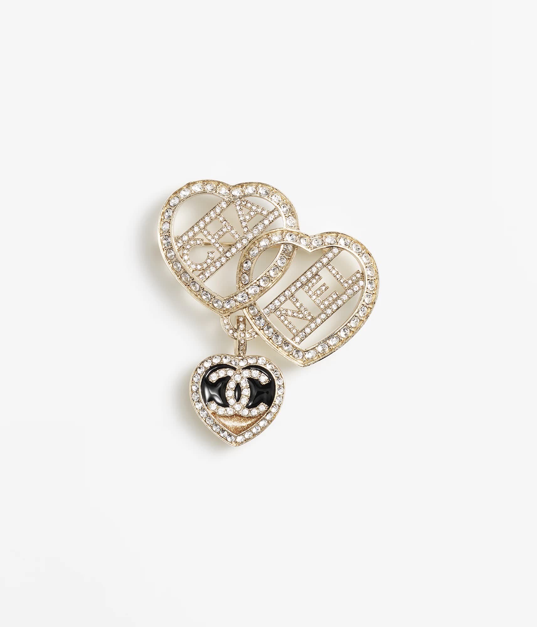 Chanel Double Heart Brooch with Crystal Accents Chanel Double Heart Brooch with Crystal Accents