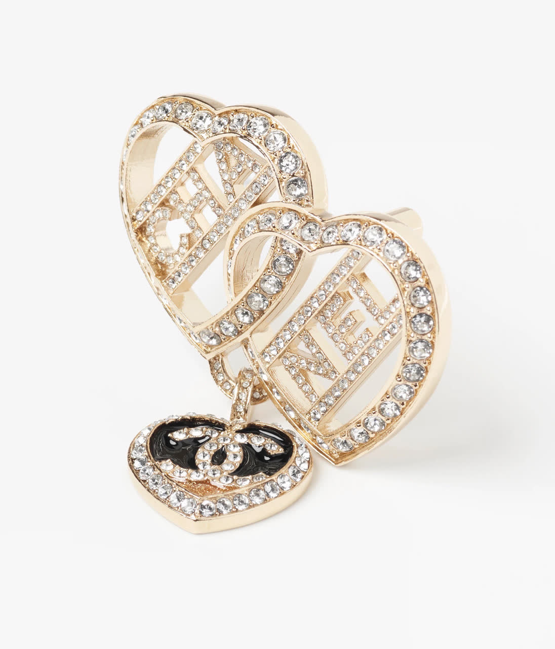 Chanel Double Heart Brooch with Crystal Accents