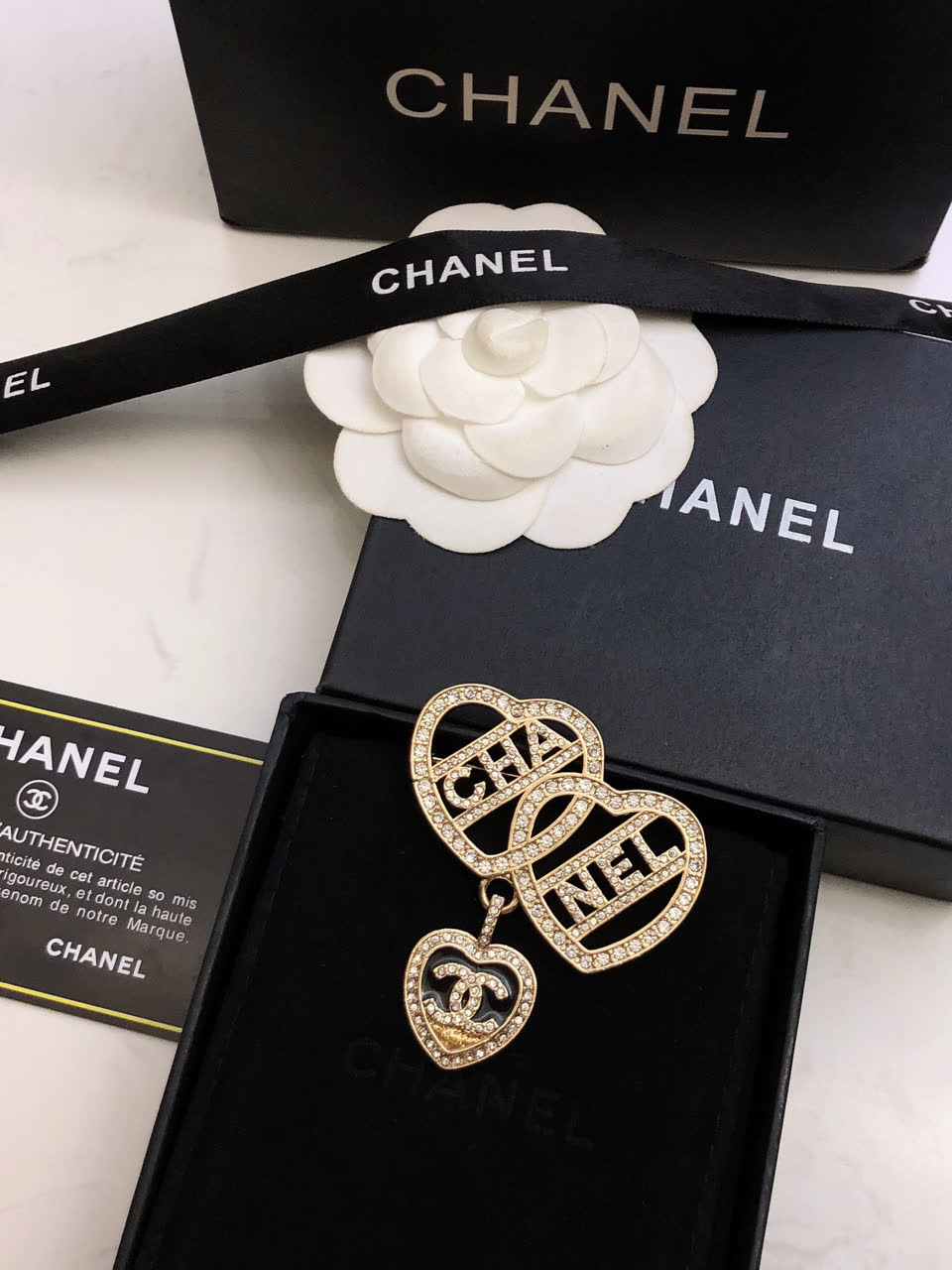 Chanel Double Heart Brooch with Crystal Accents
