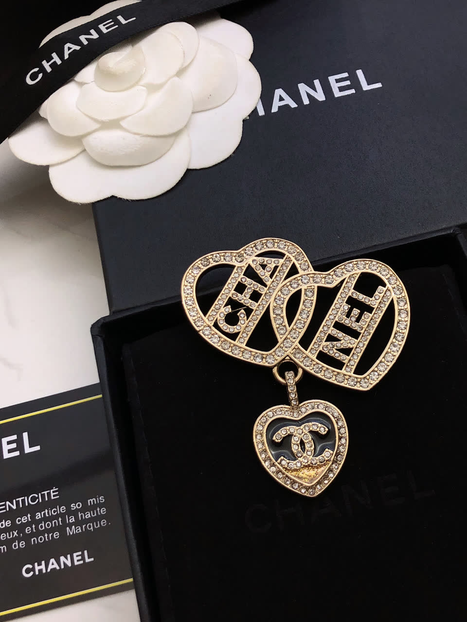 Chanel Double Heart Brooch with Crystal Accents