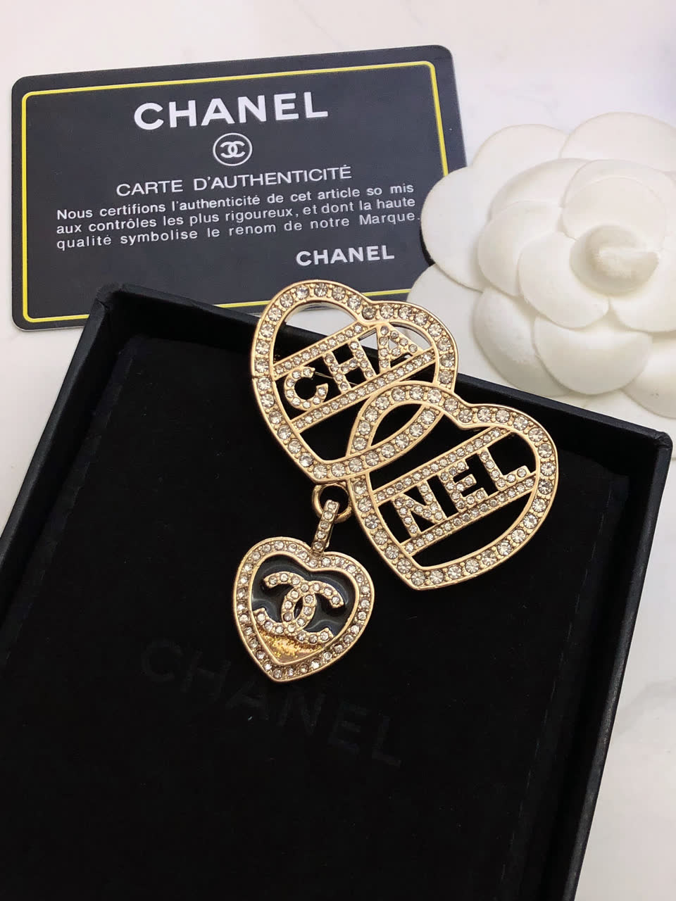 Chanel Double Heart Brooch with Crystal Accents