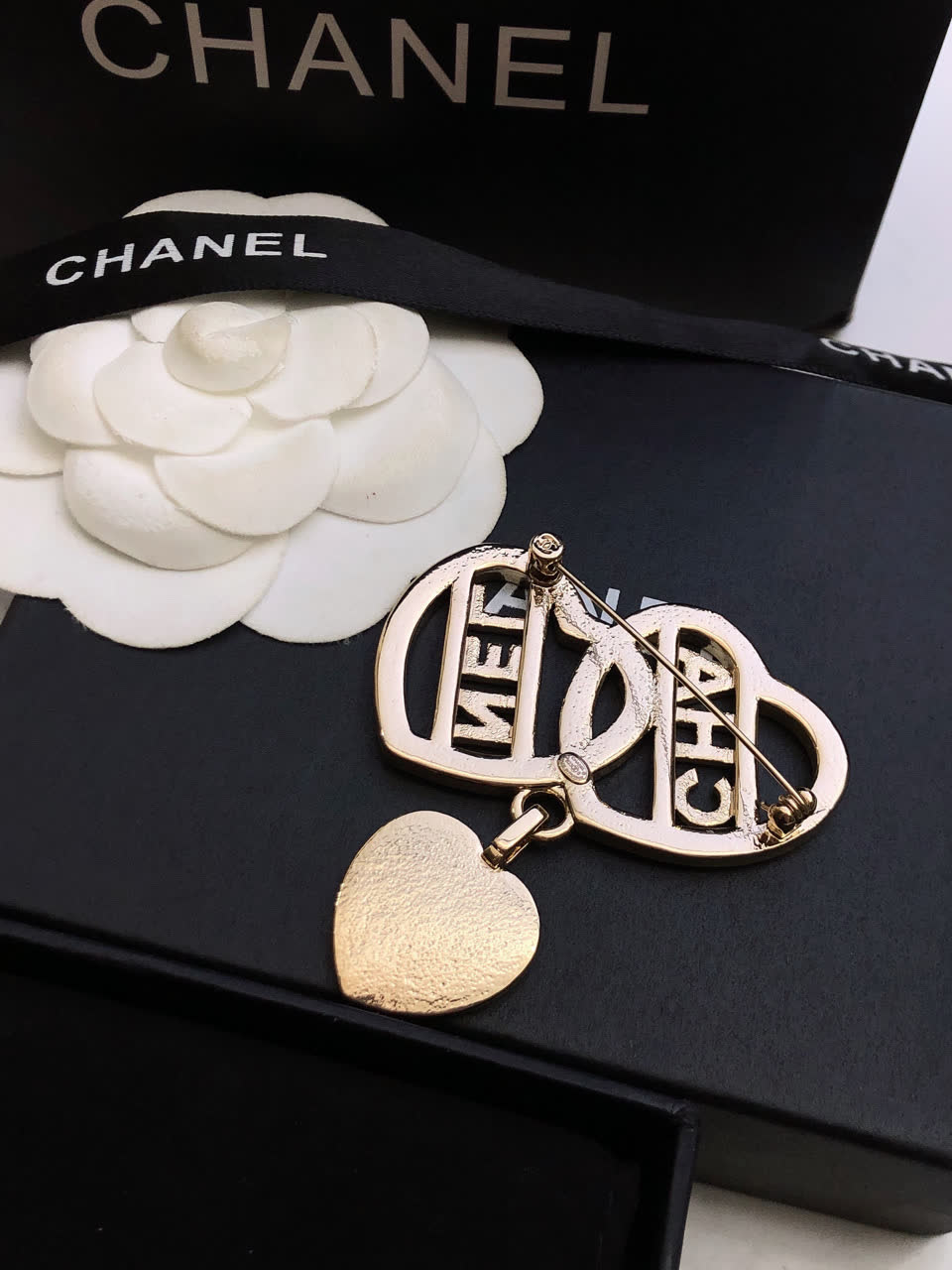 Chanel Double Heart Brooch with Crystal Accents
