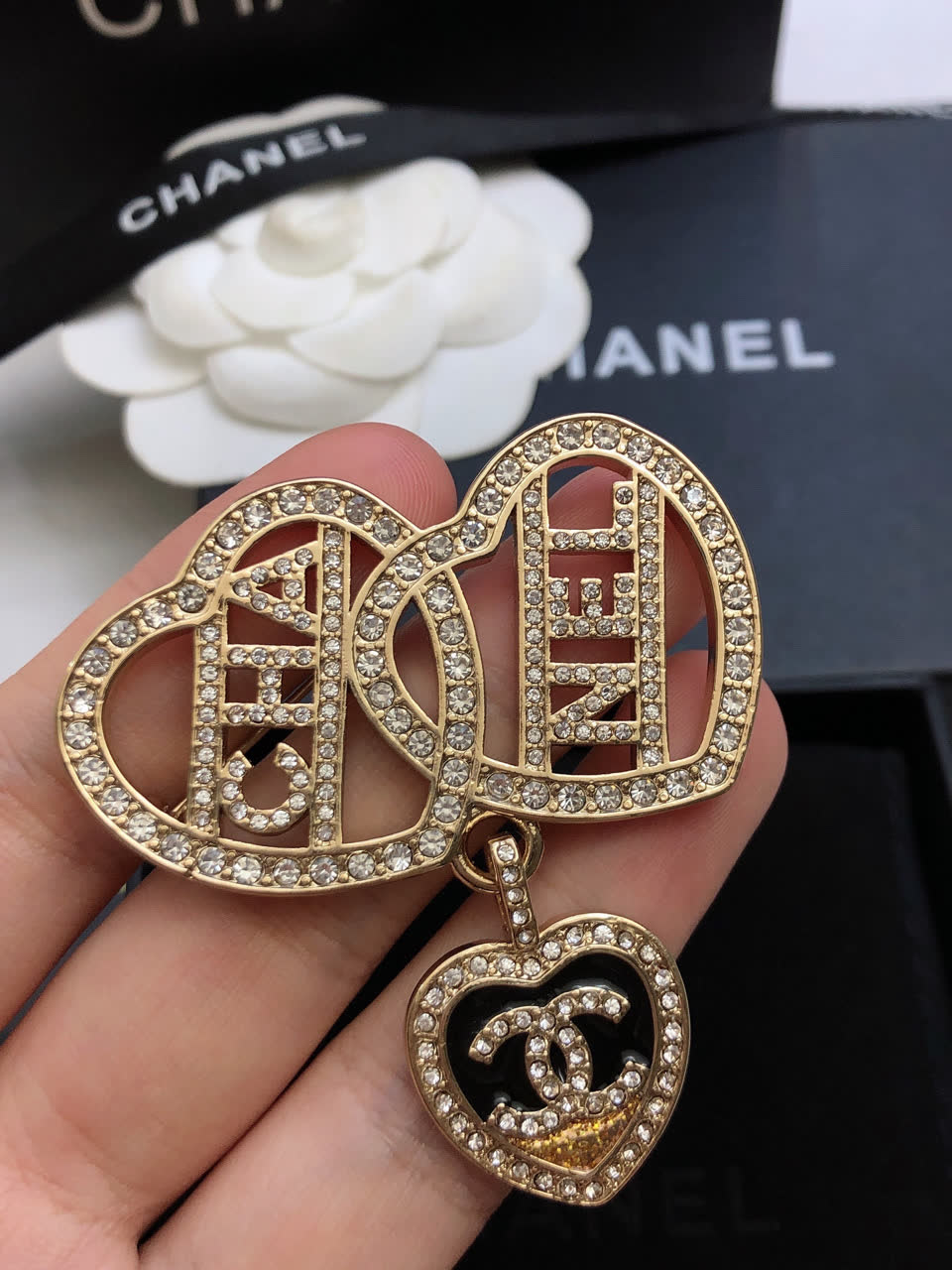 Chanel Double Heart Brooch with Crystal Accents