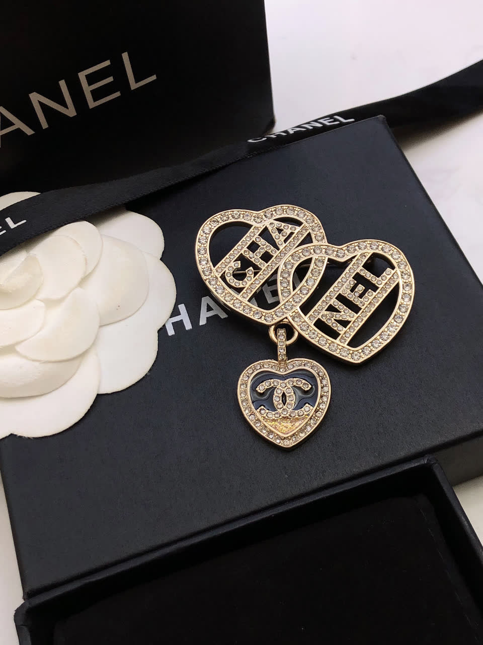 Chanel Double Heart Brooch with Crystal Accents