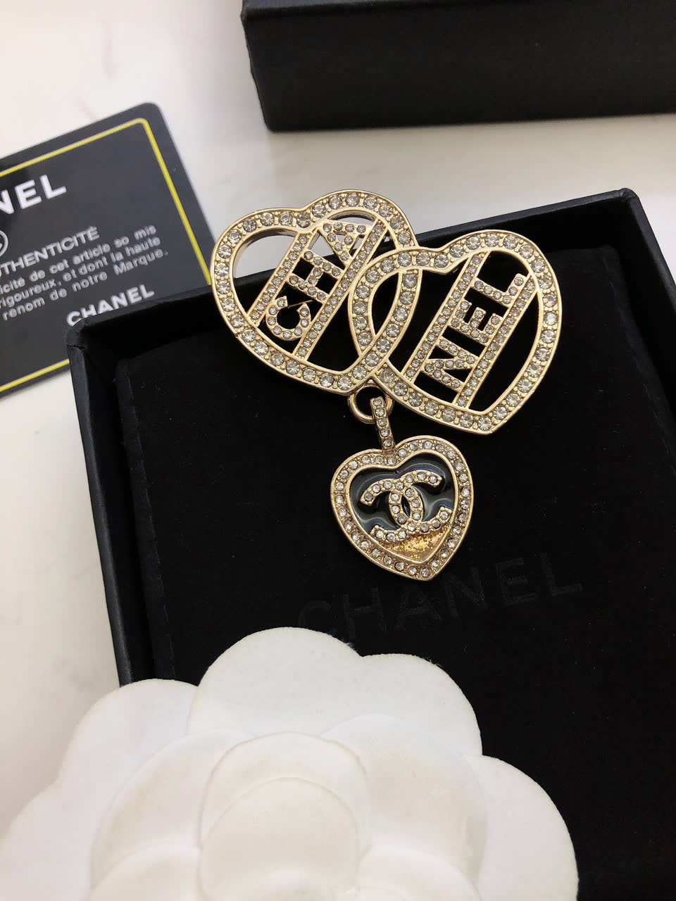 Chanel Double Heart Brooch with Crystal Accents