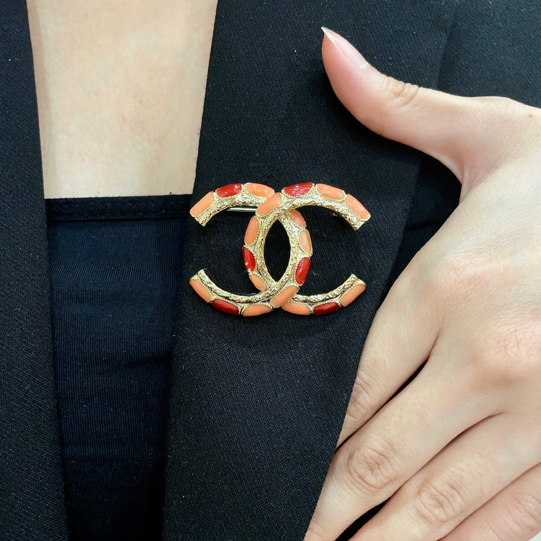 Chanel CC Brooch with Coral Inlay