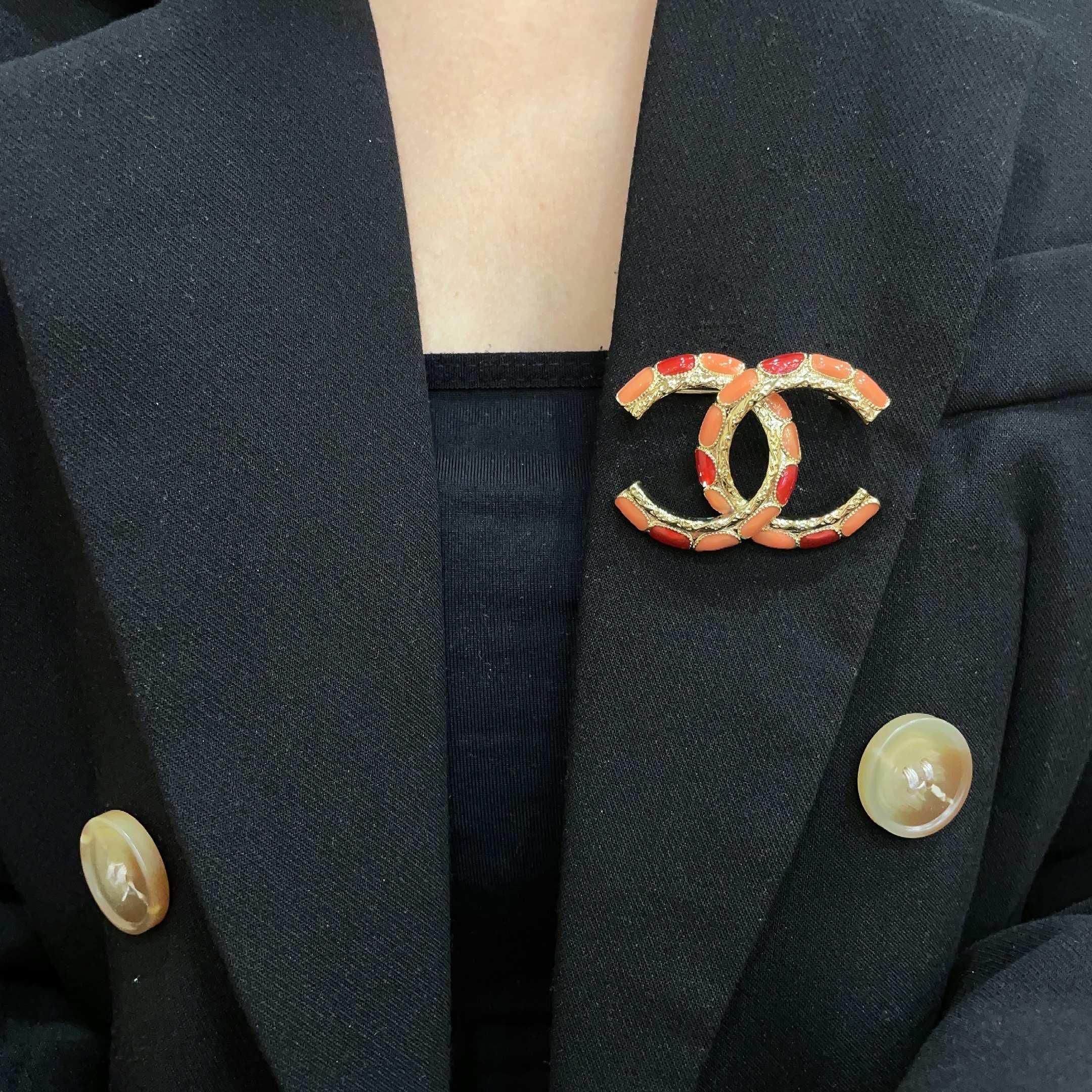 Chanel CC Brooch with Coral Inlay