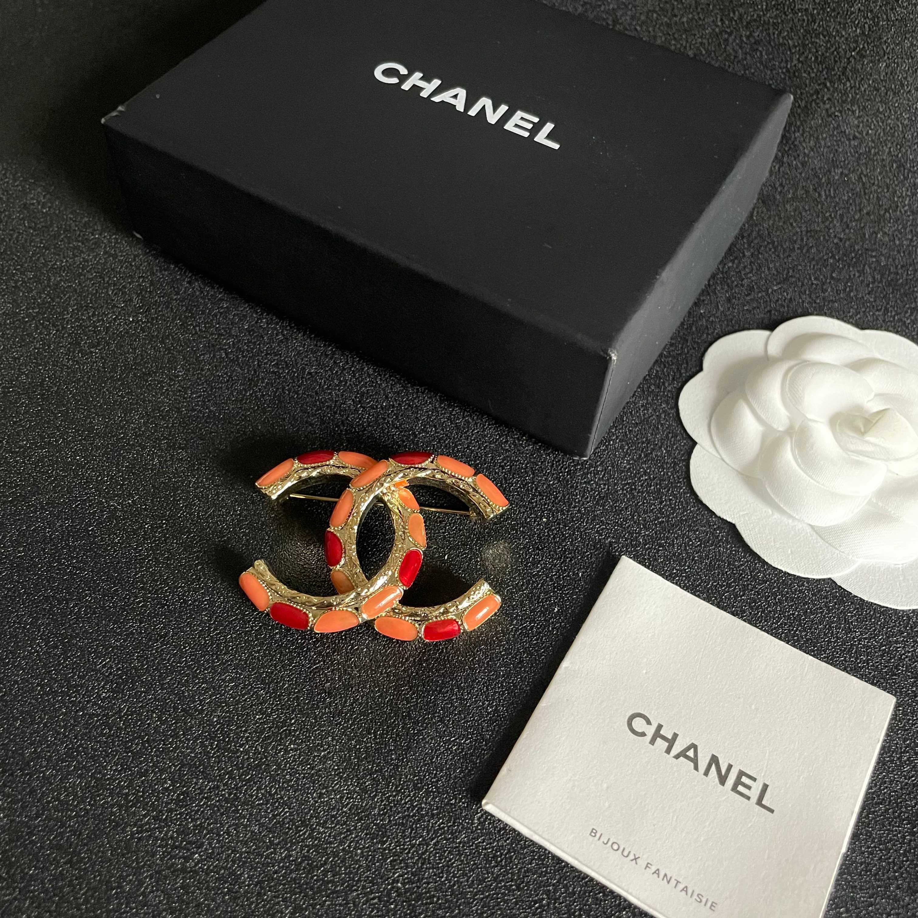 Chanel CC Brooch with Coral Inlay