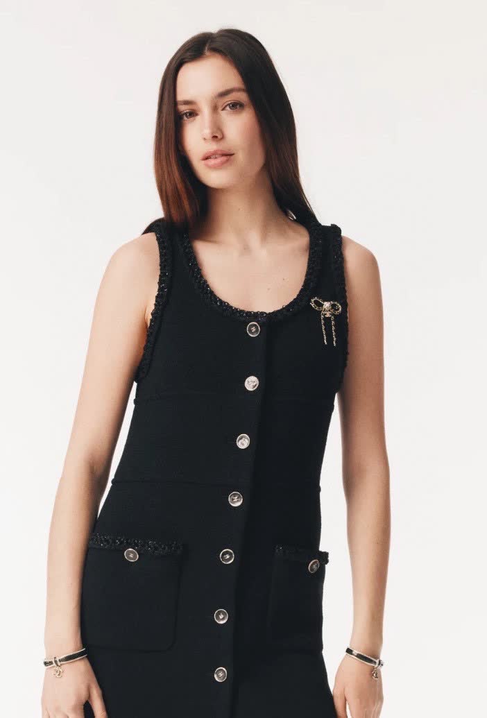 Chanel Black Leather and Gold Chain Bow Brooch