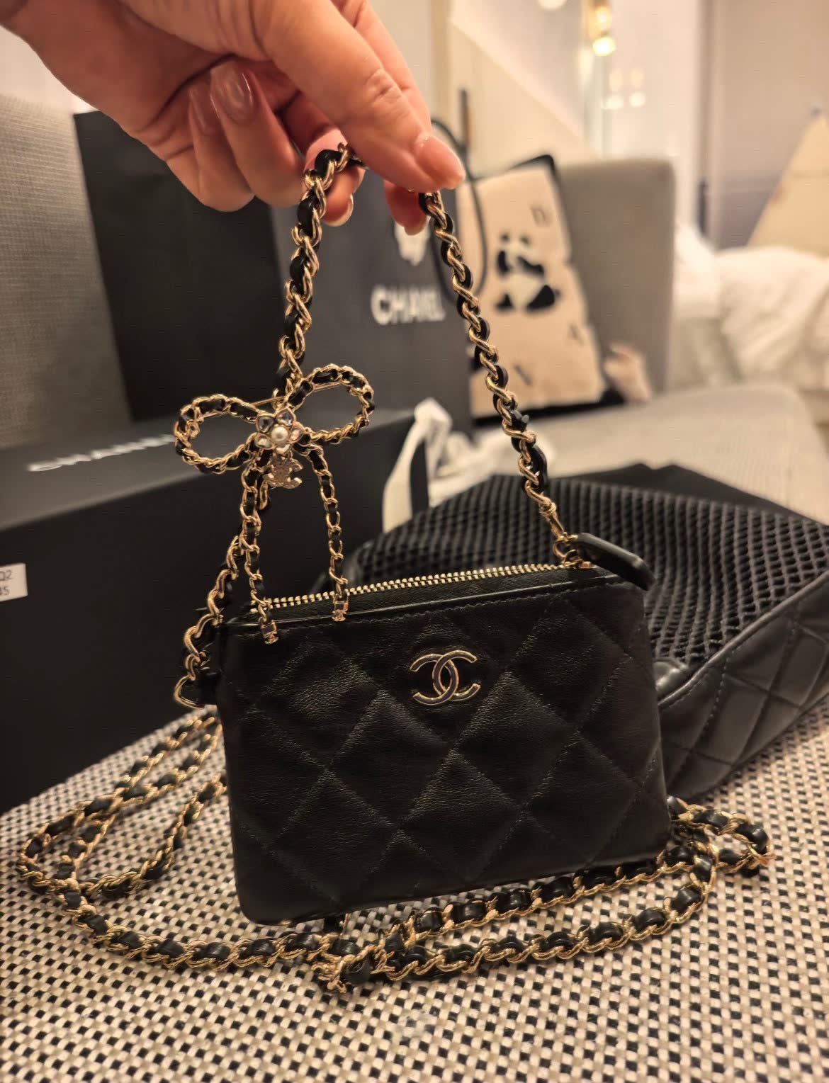 Chanel Black Leather and Gold Chain Bow Brooch