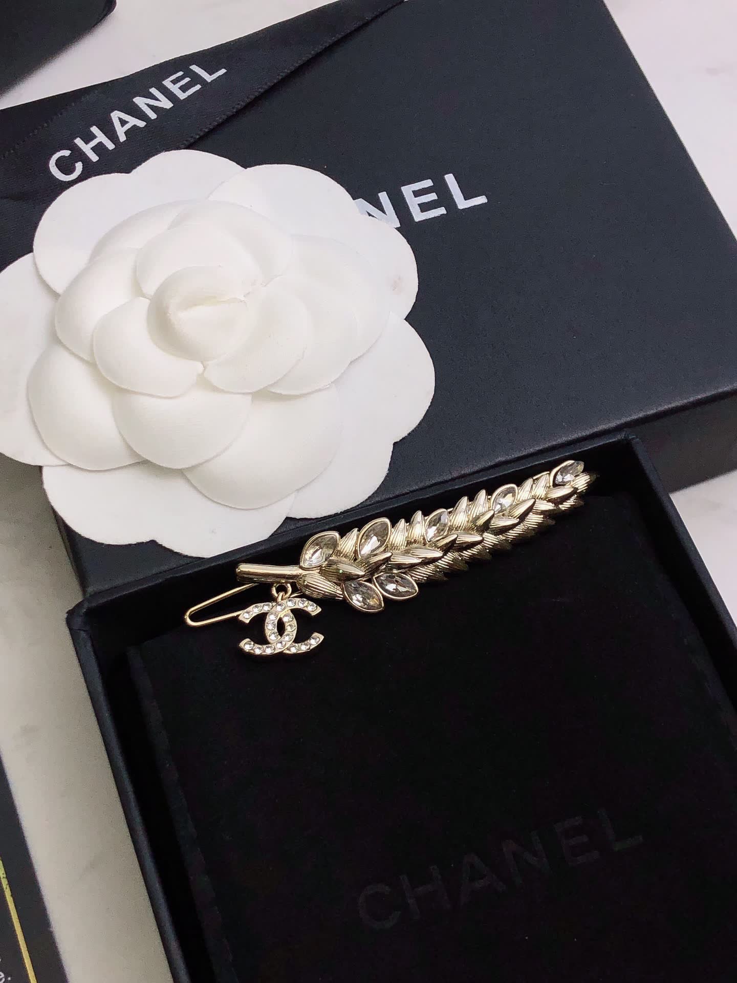 Chanel Gold-tone Crystal Leaf Brooch