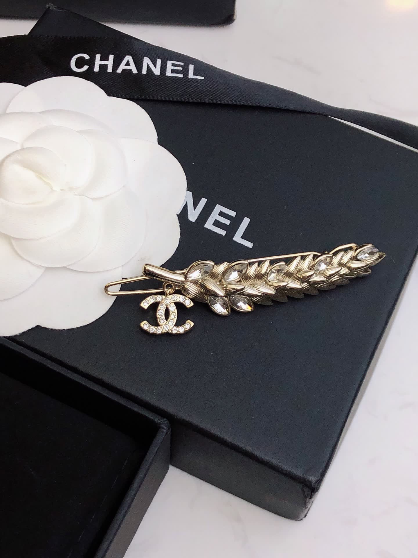 Chanel Gold-tone Crystal Leaf Brooch