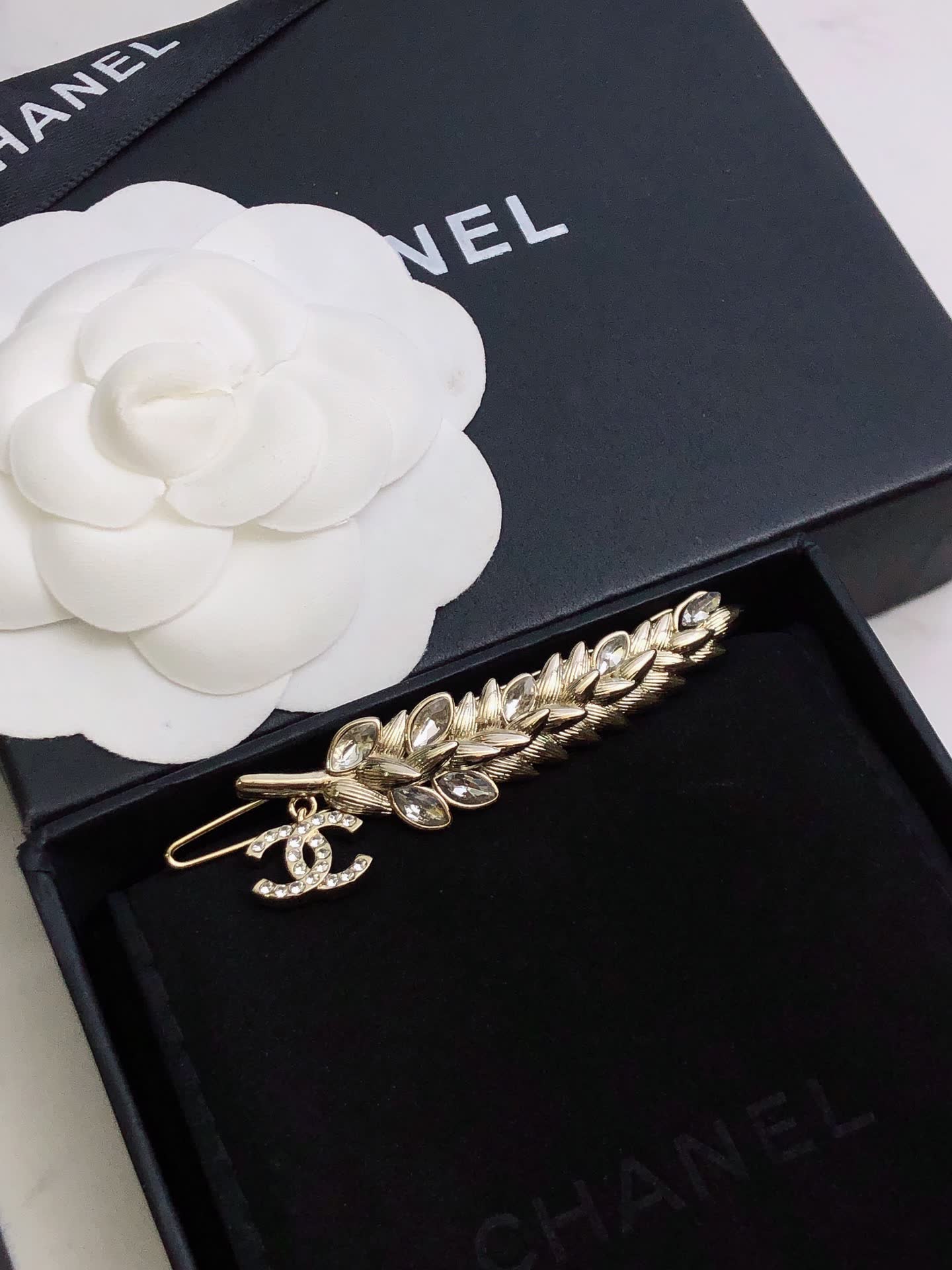 Chanel Gold-tone Crystal Leaf Brooch