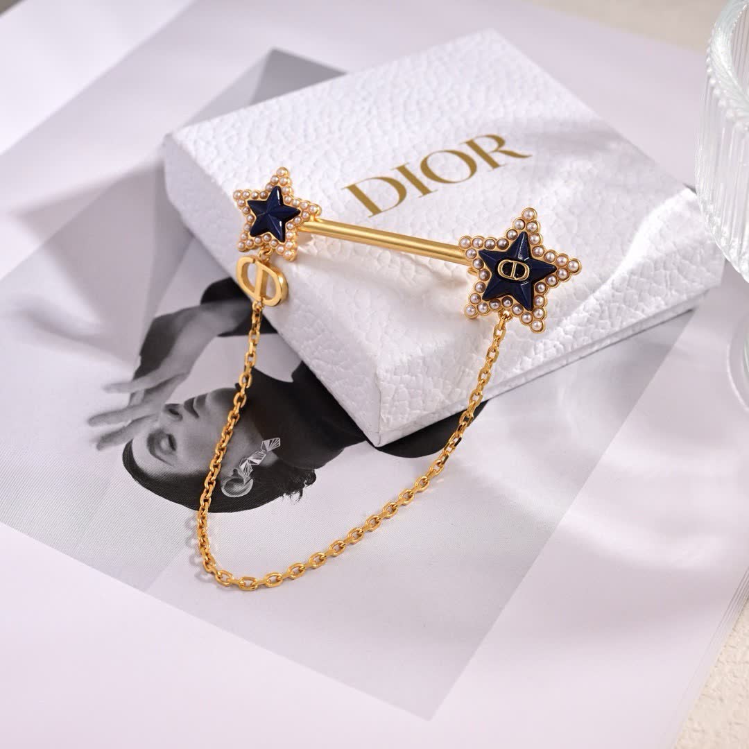 Dior Gold Star Brooch with Chain