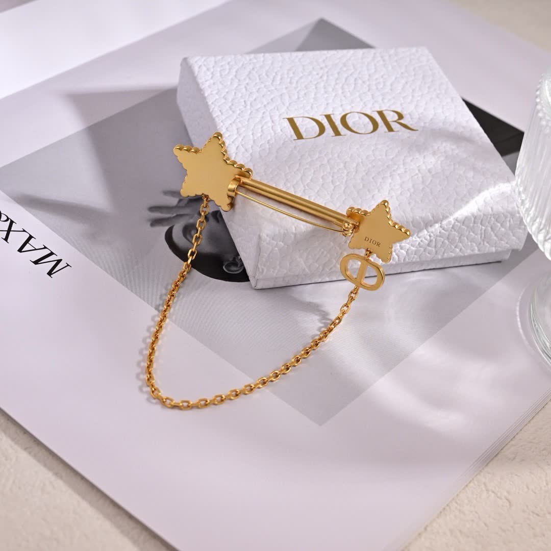 Dior Gold Star Brooch with Chain