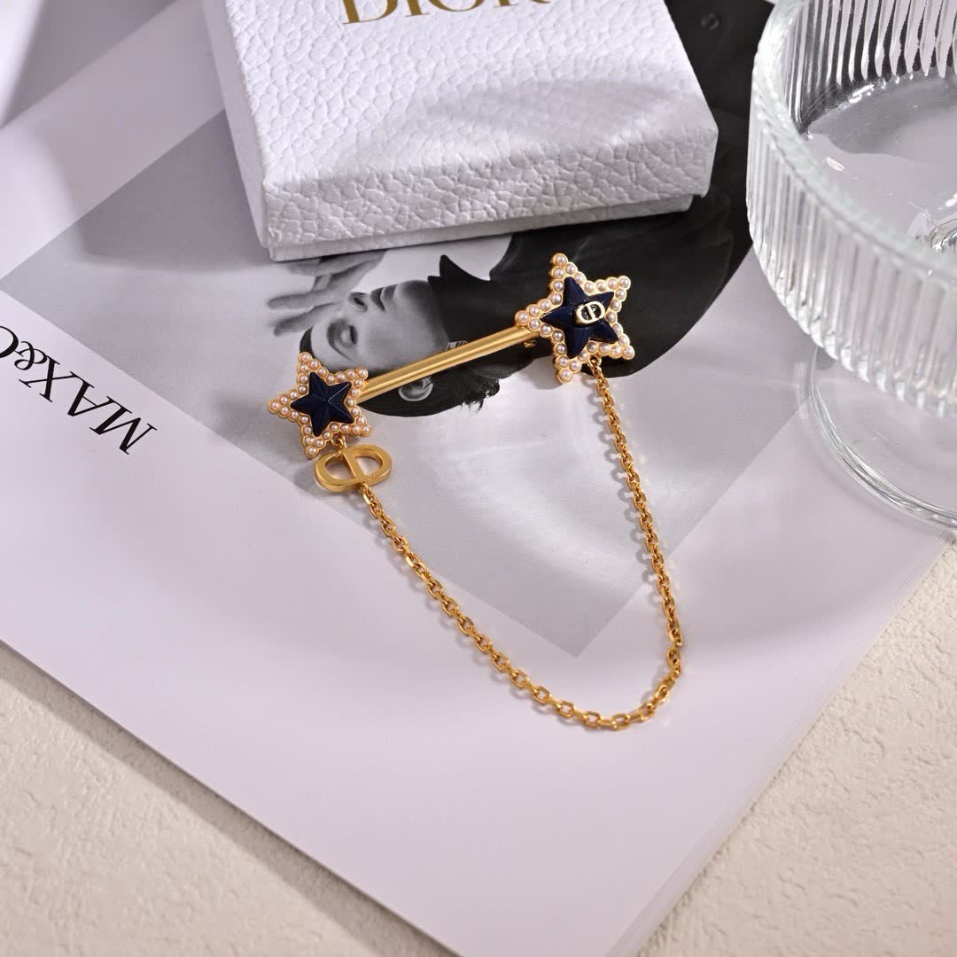 Dior Gold Star Brooch with Chain