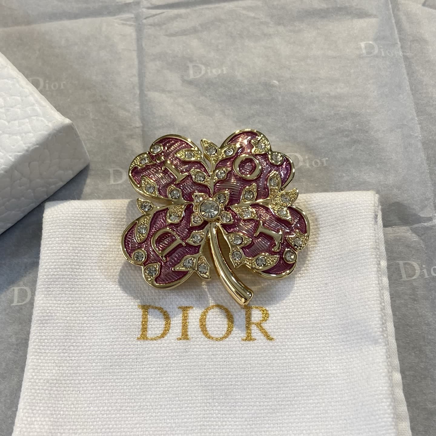 Dior Gold and Pink Clover Brooch with Crystals