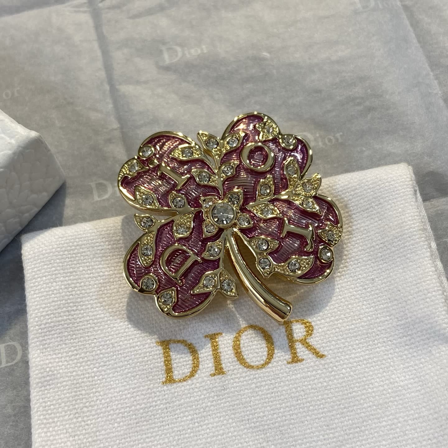 Dior Gold and Pink Clover Brooch with Crystals