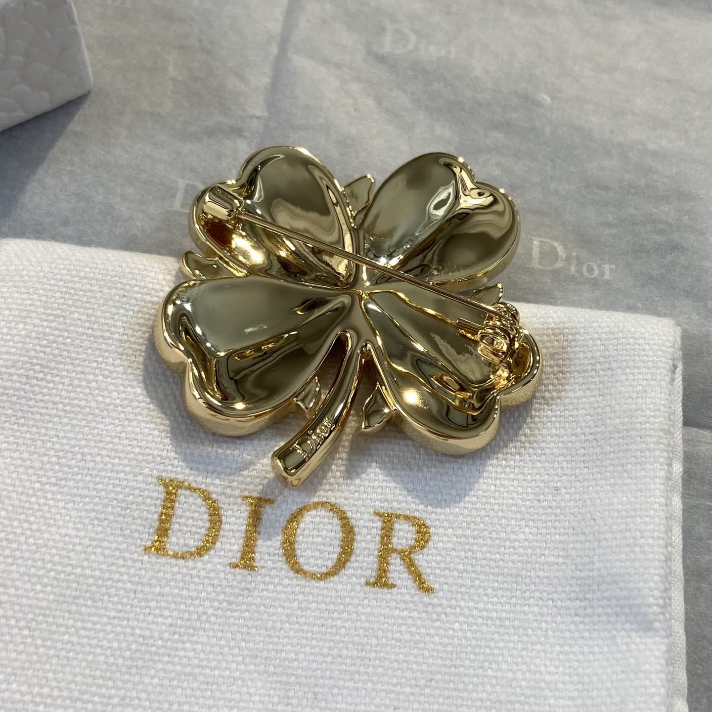 Dior Gold and Pink Clover Brooch with Crystals