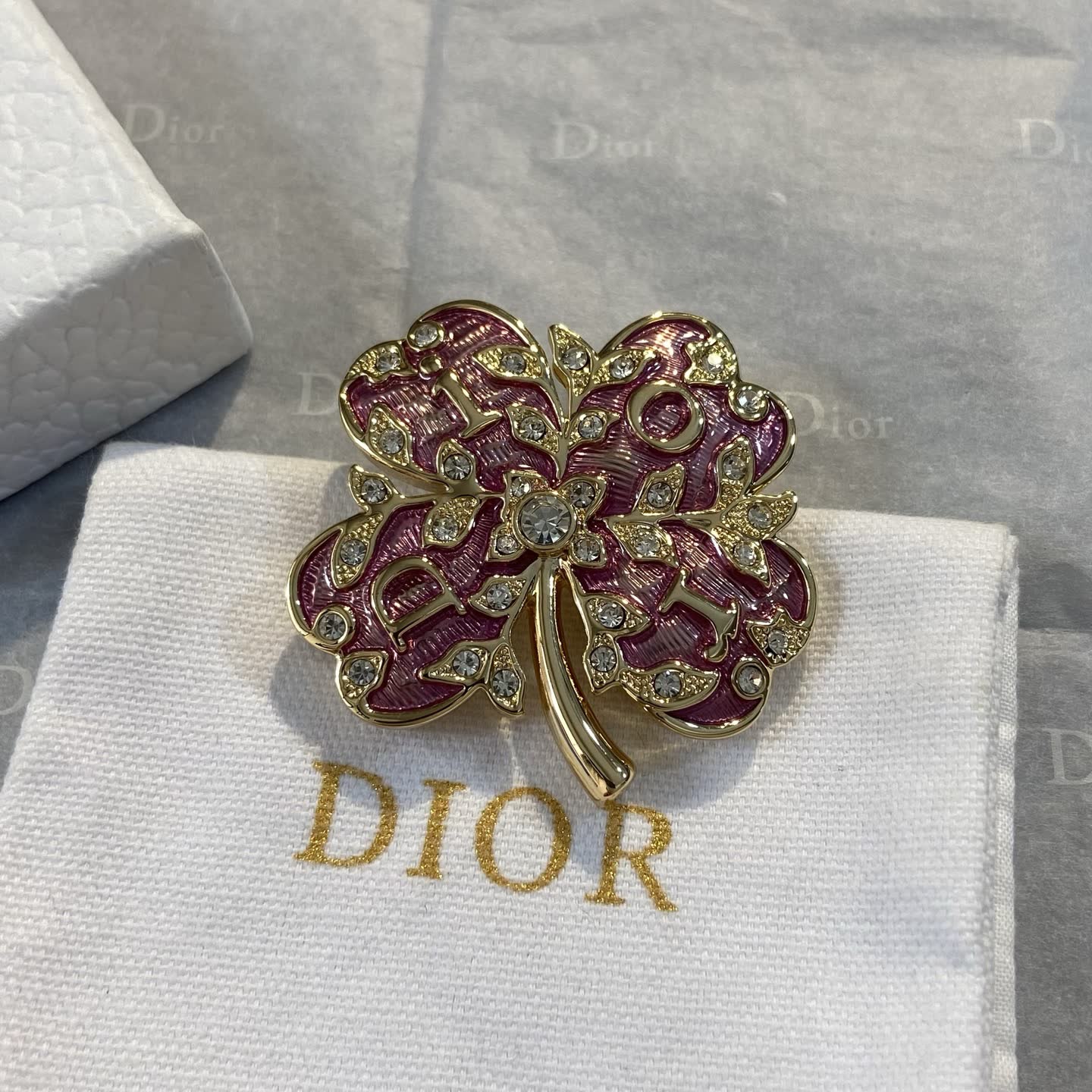 Dior Gold and Pink Clover Brooch with Crystals-DZ1296