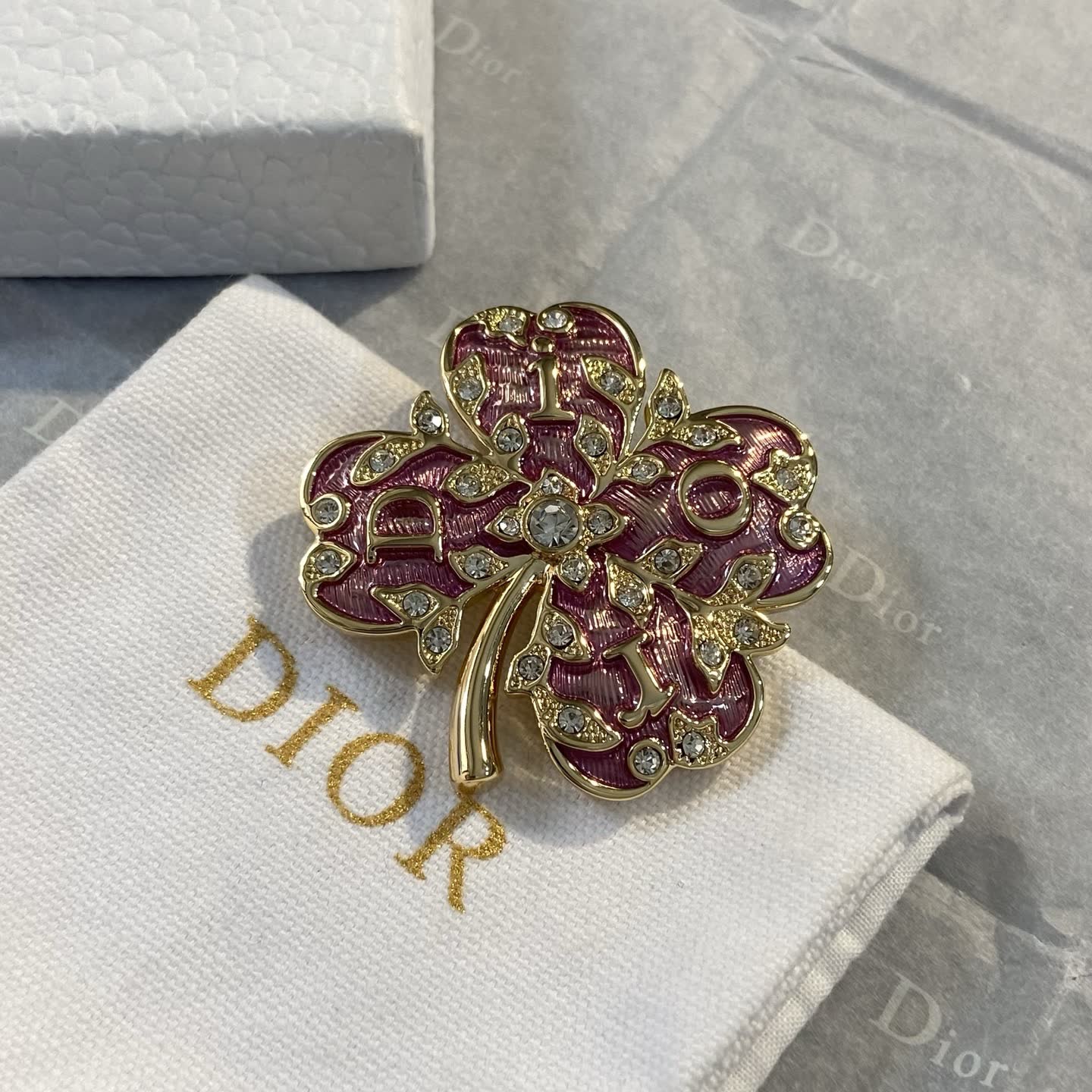 Dior Gold and Pink Clover Brooch with Crystals-DZ1296