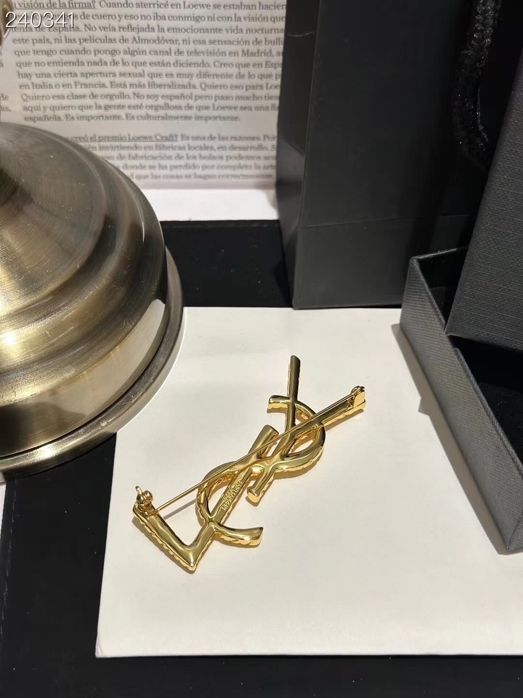 YSL Gold Logo Brooch