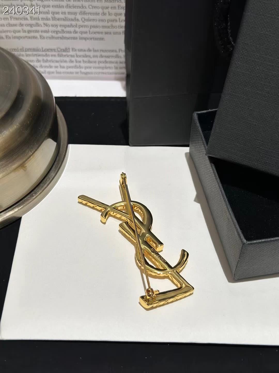 YSL Gold Logo Brooch