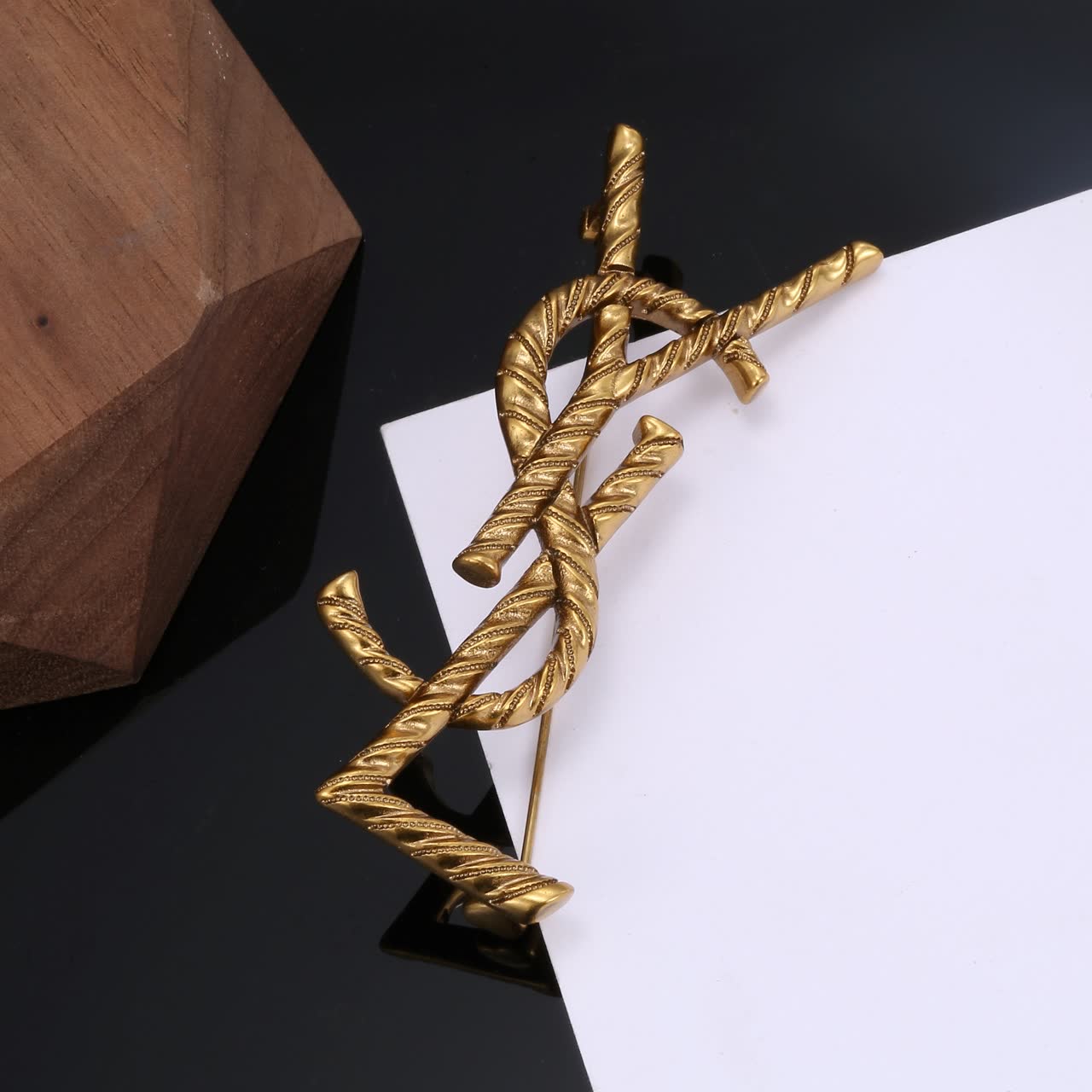 YSL Gold Tone Y Logo Brooch