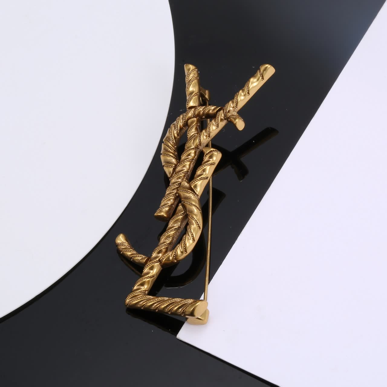 YSL Gold Tone Y Logo Brooch
