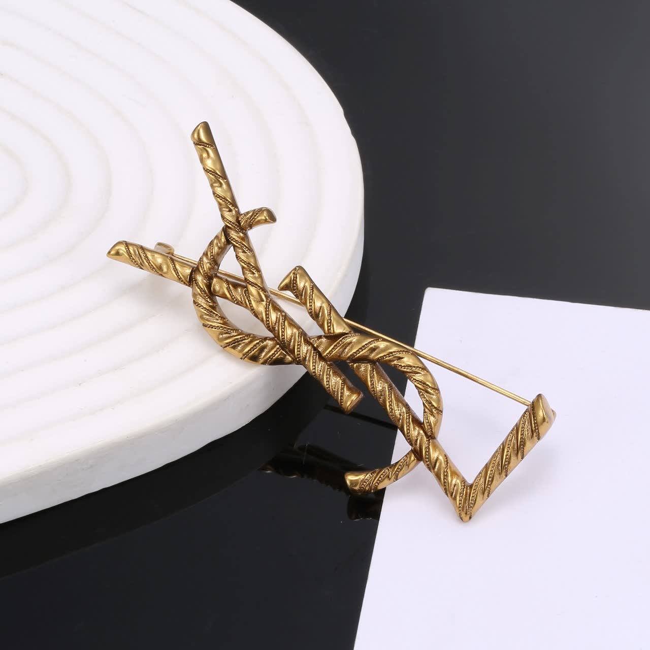 YSL Gold Tone Y Logo Brooch