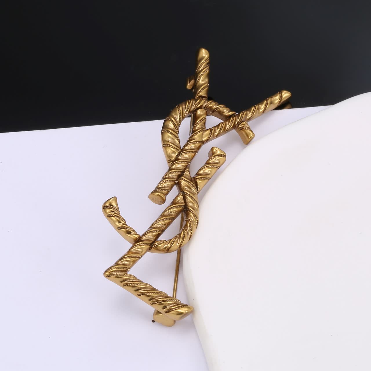 YSL Gold Tone Y Logo Brooch