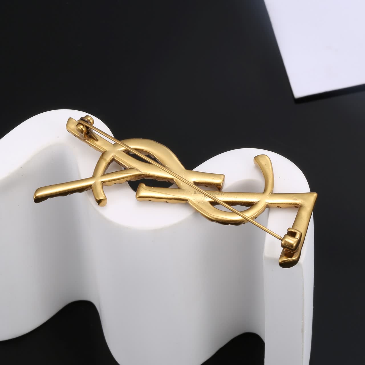 YSL Gold Tone Y Logo Brooch