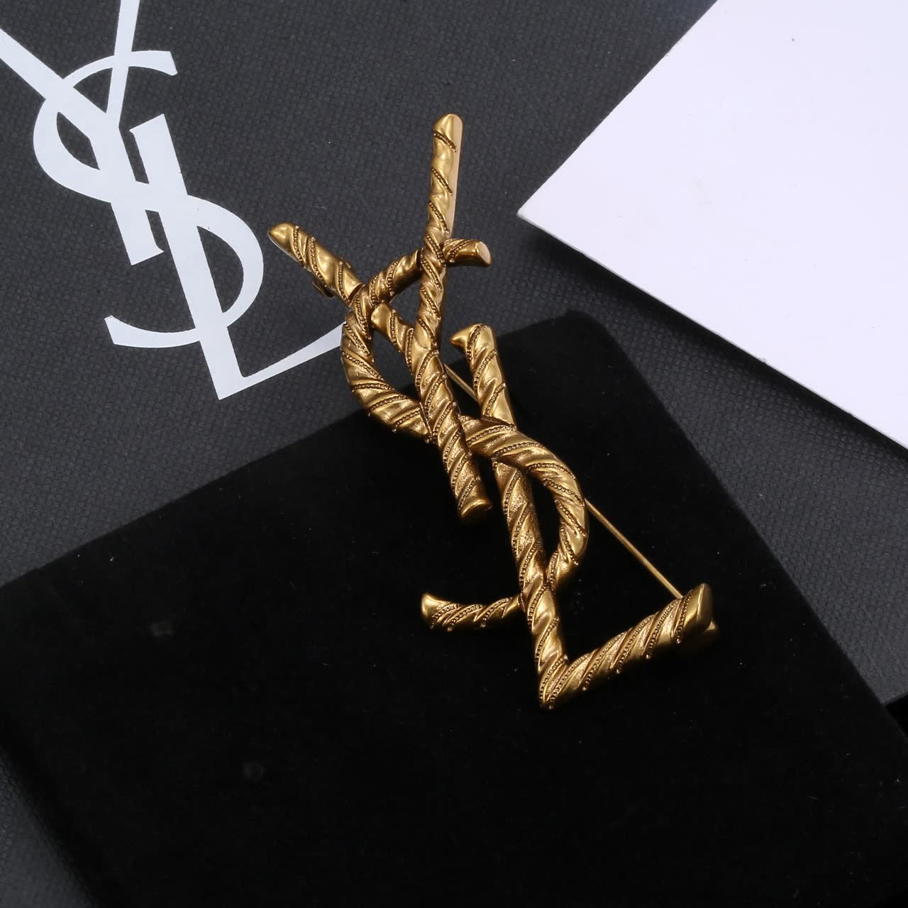 YSL Gold Tone Y Logo Brooch