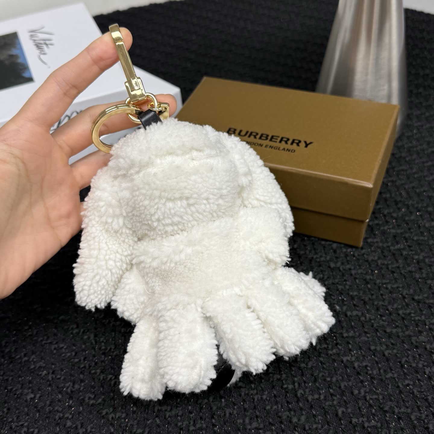 Burberry White Fluffy Dog Keychain