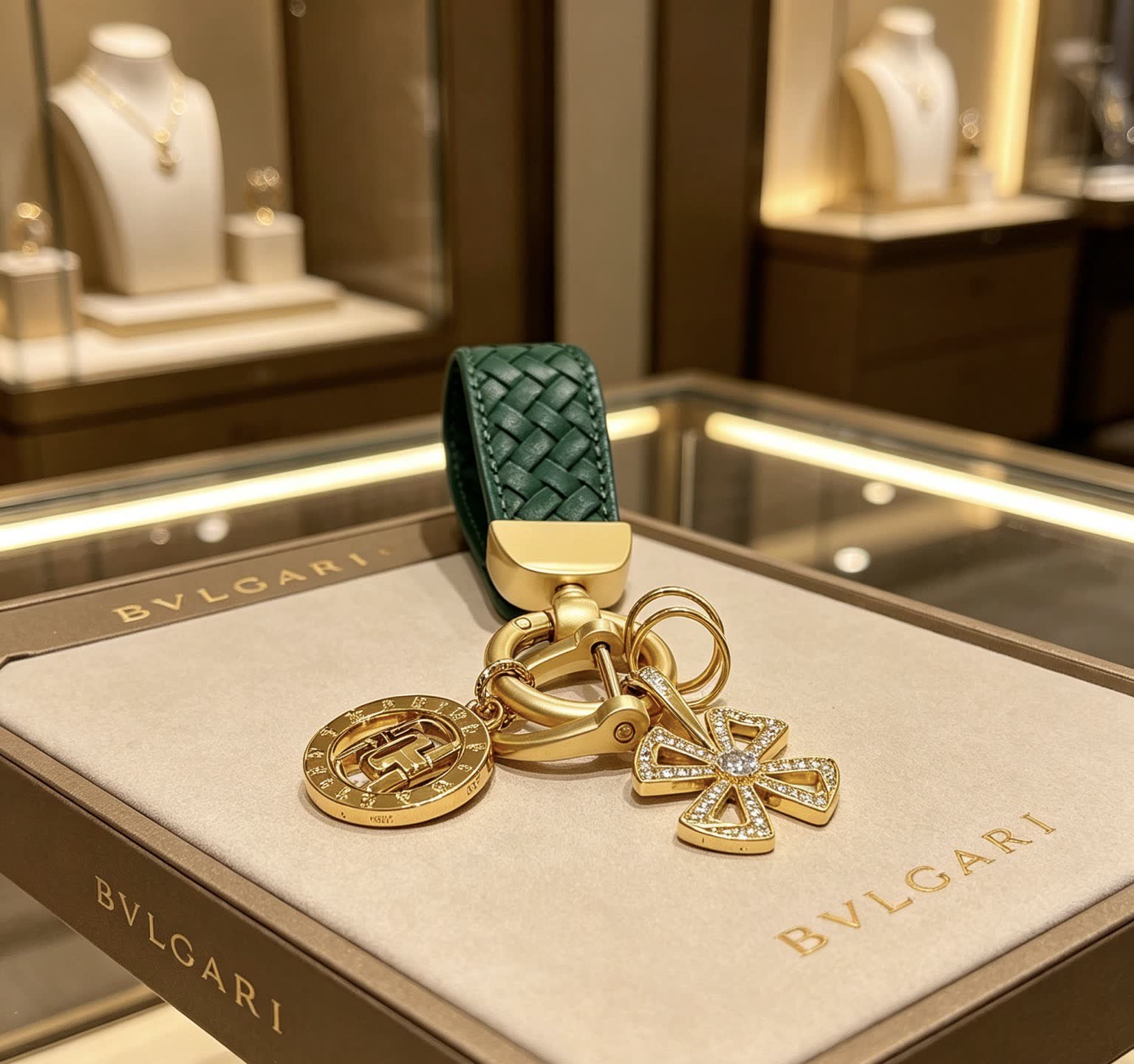 Bvlgari Green Leather Keychain with Gold Charms