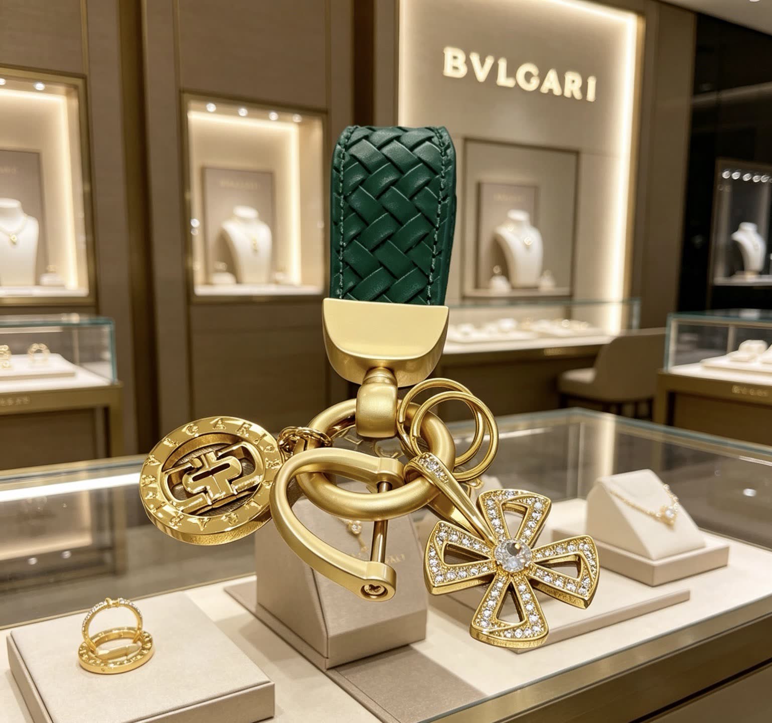 Bvlgari Green Leather Keychain with Gold Charms